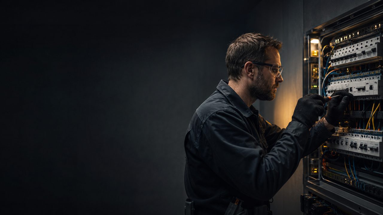 Elektriker aus Pforzheim arbeitet konzentriert an einer offenen Schaltanlage